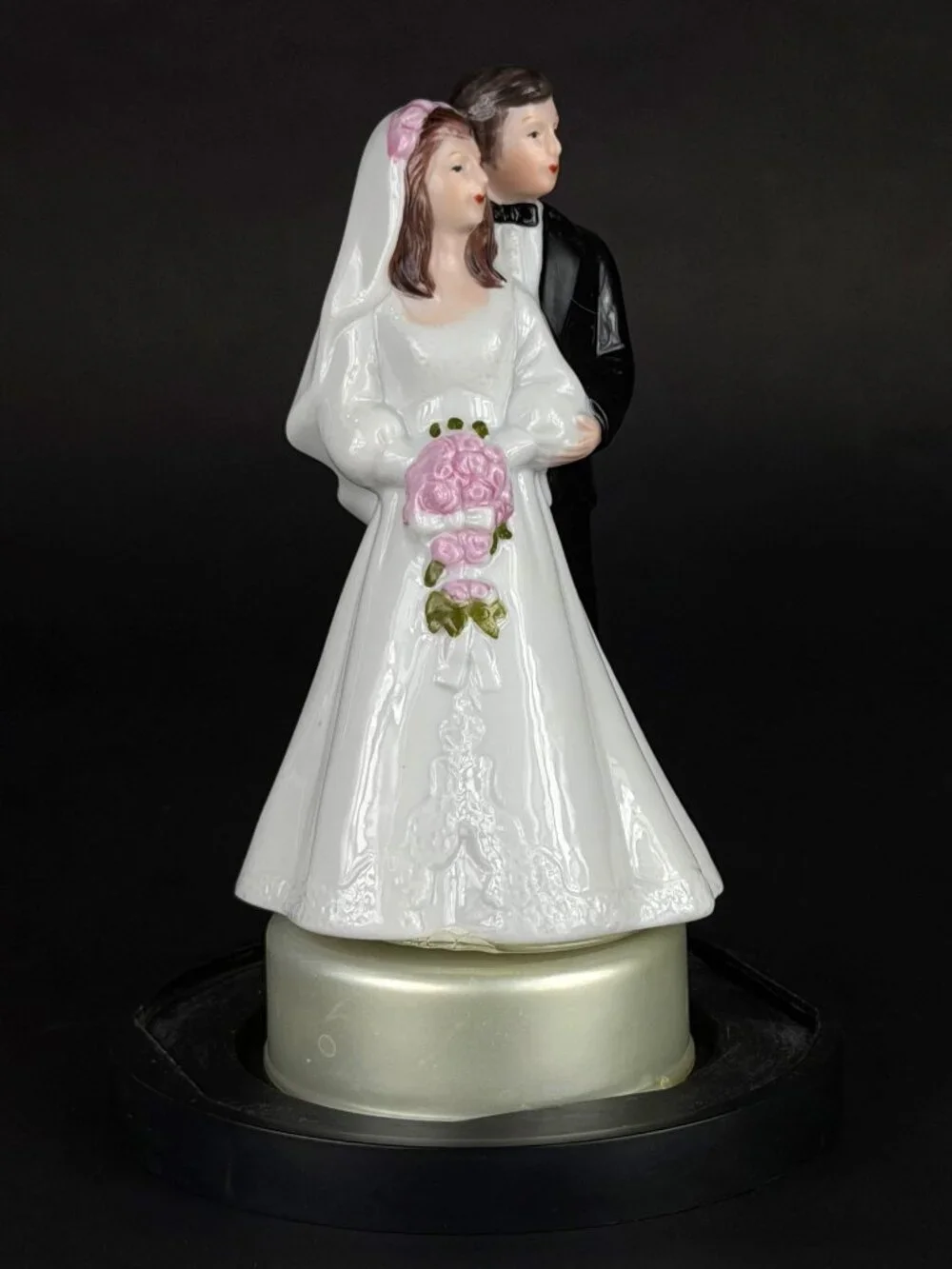 Vintage Porcelain Wedding Cake Topper in Protective Display Dome 1980s